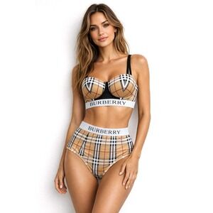 Burberry Plaid French Two-Piece Bikini Swimsuit Women's - Black/Tan  XL TG 36D